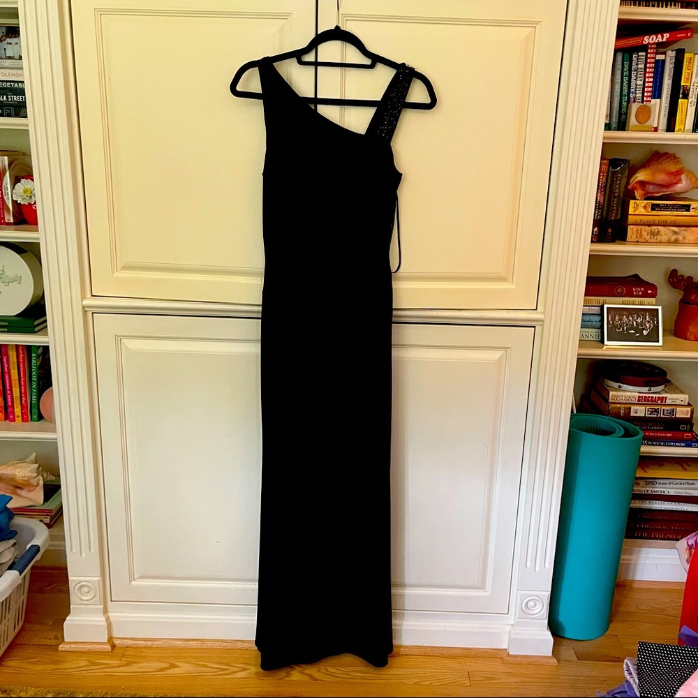 Laundry by Shelli Segal One Shoulder Long Formal Black Dress Gem Detail 6P